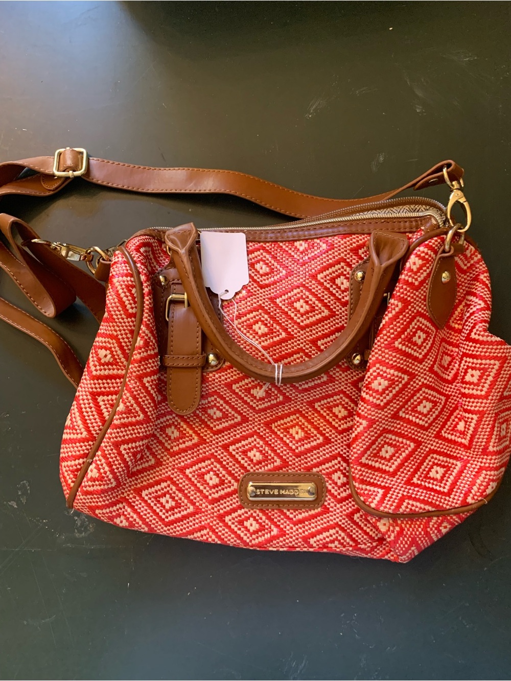 Steve Madden Red Diamond-Pattern Satchel with Brown Trim